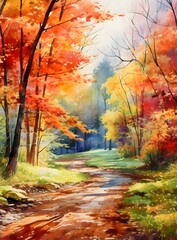 Watercolor painting of a orange autumn-spring landscape trees Jungle Fall Lush rural Lovely view...