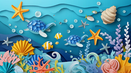 Fototapeta na wymiar ペーパーアートで表現された海の生き物