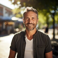 Smiling middle aged mature man posing, joyful smile, wearing casual clothes