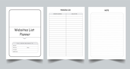 Editable Websites List Planner Kdp Interior printable template Design.