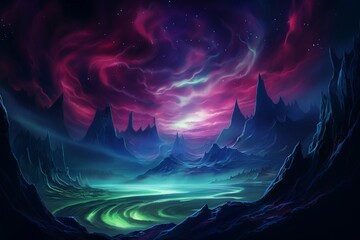 Surreal Fantasy Landscape with Electric Storm and Mountains