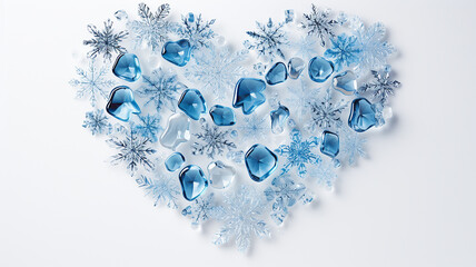 blue shape winter heart made of crystals and snowflakes isolated on a white background, seasonal frosty background love
