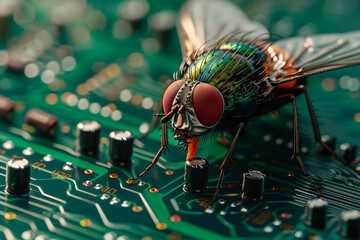 Close-up of house fly on the computer circuit board. - obrazy, fototapety, plakaty
