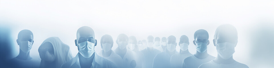 crowd of abstract silhouettes of people in medical masks, long narrow panoramic view,  social issue, grim horror zombie apocalypse background