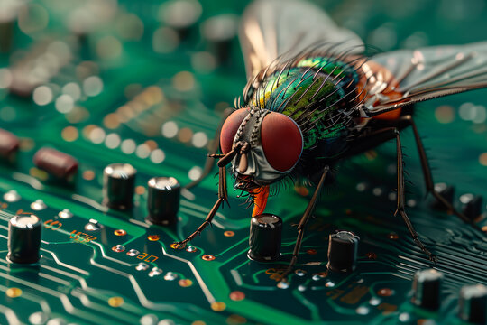 Close-up of house fly on the computer circuit board. - Powered by Adobe