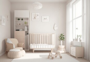 Modern nursery room interior, neutral unisex colors, Scandinavian Style, 3D illustration. Generative AI

