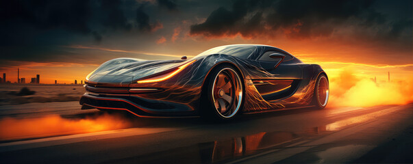 Fast beautiful car in movement with amazing  lights background - obrazy, fototapety, plakaty