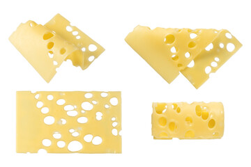 Set of cheese slices with holes isolated on white background. Healthy food product