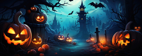 Fototapeta premium Halloween pumpkins in scary background landscape with moon, bats, ghosts. Wide illustration