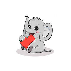 Cute cartoon elephant with red heart isolated on white background . Postcard for Valentine's Day, Mothers day. 