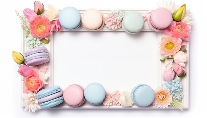  frame with pastel macarons and flowers in spring empty space for text