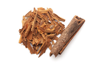 Top view of Dry organic Cinnamon sticks (Cinnamomum verum) isolated on a white background.