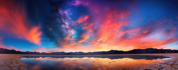 Beautiful colored clouds over the amazing mountain lake. Red and blue sky effect. 