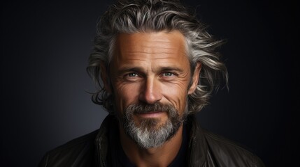 portrait of happy mature caucasian man on gray background.