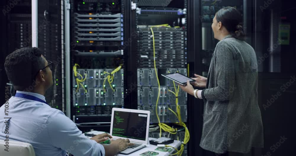 Aufkleber Server room, computer coding and people high five, teamwork or success for cybersecurity solution. Engineering man and woman with celebration and support for programming software on tablet and laptop