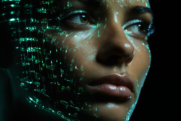 a woman with a futuristic face and green holography lights particles on her face and a black background, cybernetics, computer rendering, sci-fi, cyber art