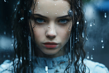 a woman with long hair and blue eyes is standing in the rain with her head covered by rain drops, piercing eyes, gothic art