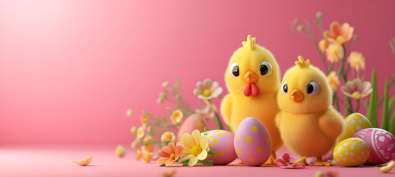 banner cartoon little yellow chickens and easter eggs on the pink background
