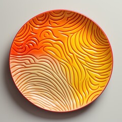 Decorative ceramic painted plate, handmade, isolated, closeup top view.