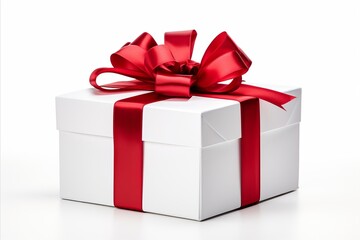 Red ribbon gift box on white background - perfect for holidays and special occasions