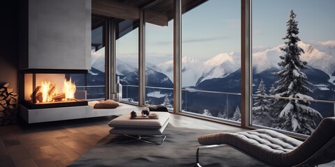 Beautiful modern cozy interior against the backdrop of a winter landscape