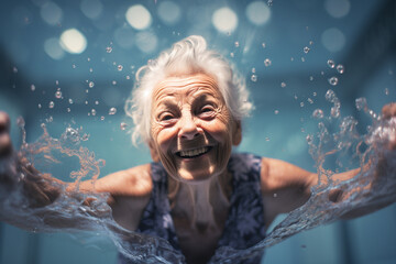 Obraz na płótnie Canvas old woman swimming and smiling underwater