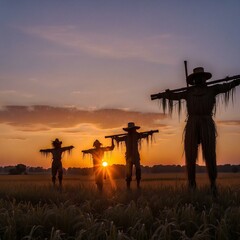 Fototapeta na wymiar Utilize the sunset to create striking silhouettes of scarecrows against the vibrant evening sky, emphasizing the rural charm of the farm.
