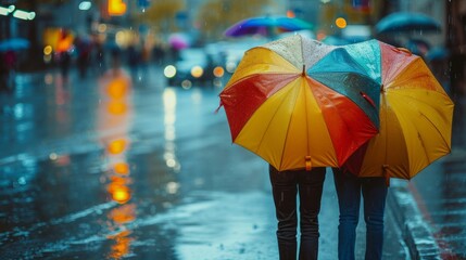 A pair of colorful umbrellas on a rainy city street