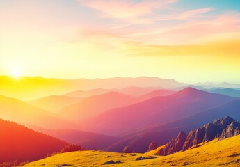 Panoramic view of colorful sunrise in mountains. Concept of the awakening wildlife, romance,emotional experience in your soul, joy in mundane life.
