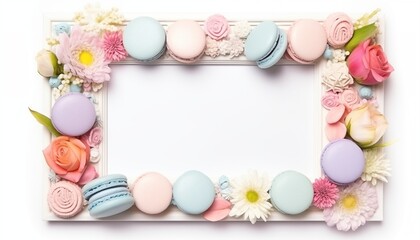 Fototapeta na wymiar frame with pastel macarons and flowers in spring empty space for text