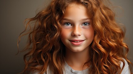 Naklejka premium portrait of happy young Caucasian red hair little girl on gray background.