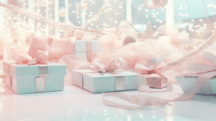 Fototapeta na wymiar christmas gifts in boxes with ribbons delicate soft light pink pastel background new Year greeting card