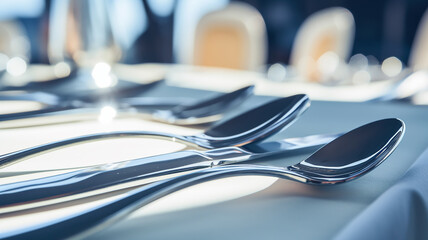 table setting in the restaurant interior light blue tones mediterranean style