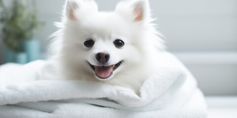 Cute white German Spitz Dog After a bath