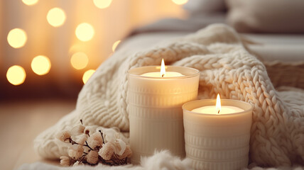 background home comfort, pastel colors of the interior burning candles the atmosphere of the winter holiday of Christmas