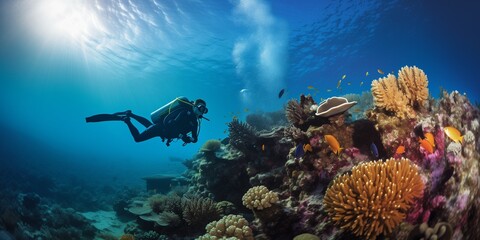 Fototapeta na wymiar Scuba diver swims among sea reefs