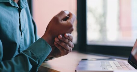 Closeup, cafe and man with wrist pain, laptop or injury with carpal tunnel, bruise or broken. Hands with inflammation, copywriter or freelancer with computer, arthritis or muscle tension with strain
