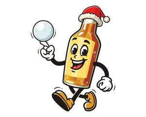 Beer Bottle wear Christmas hats and play snowballs cartoon mascot illustration character vector clip art hand drawn