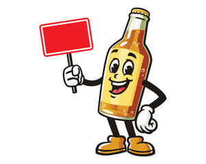 Beer Bottle with blank sign board cartoon mascot illustration character vector clip art hand drawn