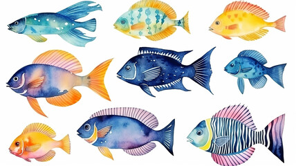 Naklejka premium sea fish, collection, set, watercolor illustration isolated on a white background multicolored sea fish