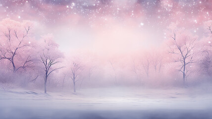 pink background. landscape in christmas winter forest, copy space abstract delicate soft pastel view