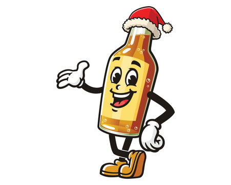 recommend clip art: Beer Bottle wearing a Christmas hat cartoon mascot illustration character vector clip art hand drawn