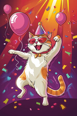 lustige fr&ouml;hliche Katze mit Partyhut, Sonnenbrille, Luftballons und Konfetti in Partystimmung. Hochkant. Generative Ai.
