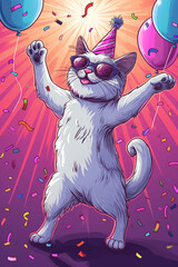 lustige fröhliche Katze mit Partyhut, Sonnenbrille, Luftballons und Konfetti in Partystimmung. Hochkant. Generative Ai.
