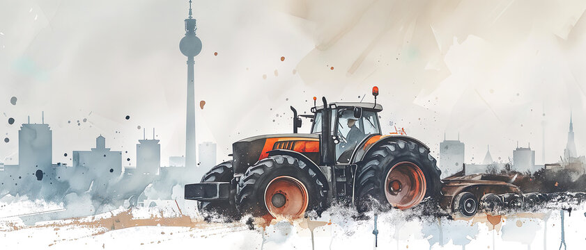 Farmer with Tractor in front of the Berlin skyline, Watercolor illustration, farmers protest and demonstration