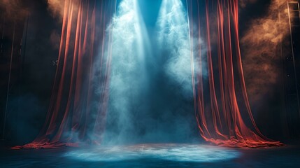 Mystical stage with ethereal blue light and velvet curtains. an enigmatic performance scene. AI - obrazy, fototapety, plakaty