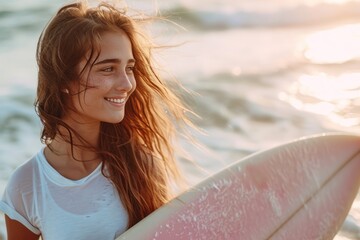 Happy, young woman enjoying a summer surfing adventure at the beach. - obrazy, fototapety, plakaty