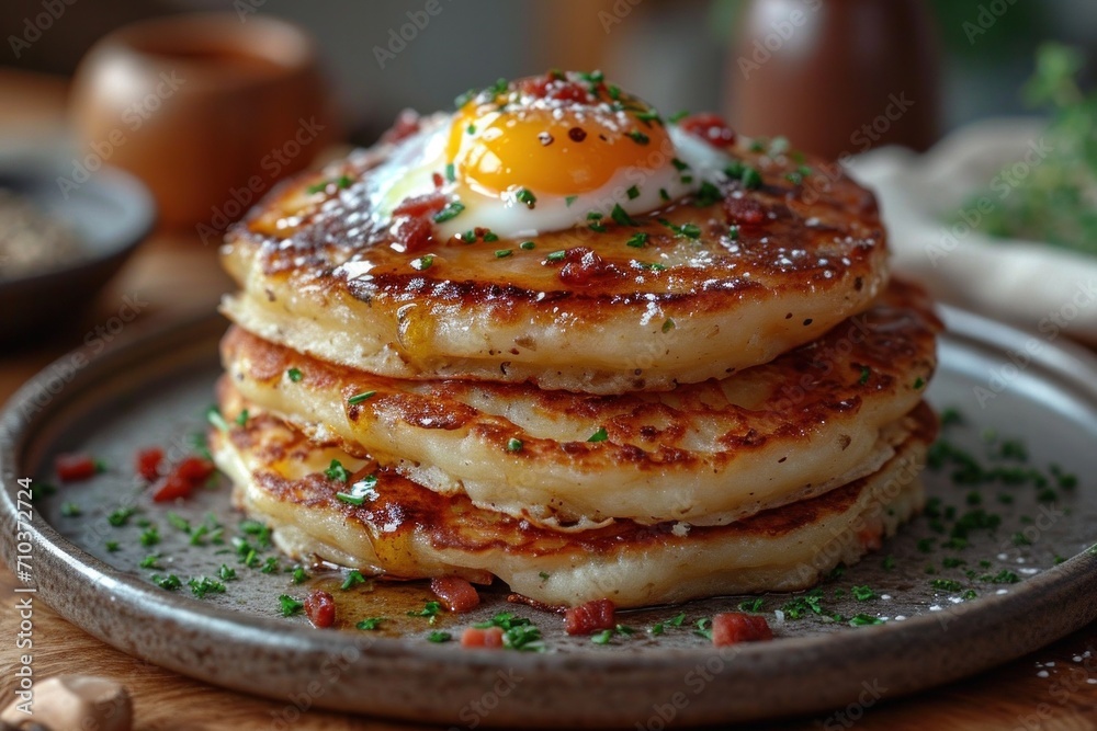 Poster Fresh homemade pancakes with fried egg, tasty and healthy. An exquisite dish with an appetizing presentation.