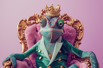 anthropomorphic chameleon in a velvet suit sitting on a pastel pink and gold velvet throne on pastel purple background