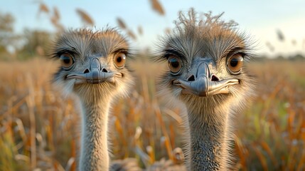 Two curious ostriches peering at camera in golden field. funny and cute. AI